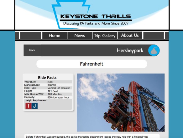 Here is an example on what the ride pages will look like. The Ride Info box will be the quick go-to spot for ride info with anything from the ear built to the ride height requirement. To the right will be the main ride photo.